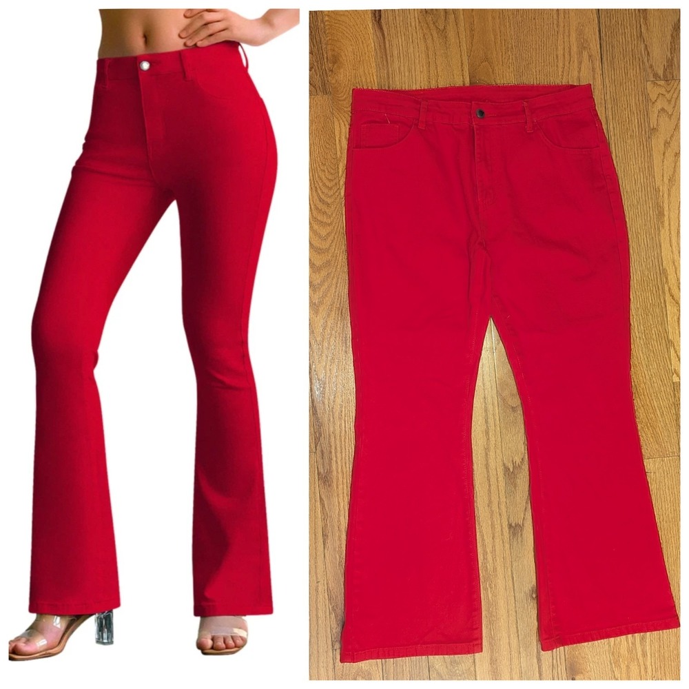 Y2K Red Flare Jeans Stretchy Mid Rise Statement Pants Roswear XL